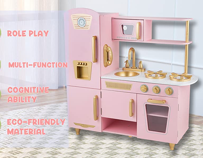 Kitchen Playset for Kids Ages 3-8, Wooden Pretend Play Kitchen with Cooking Accessories and Cutting Play Food, Including Oven, Stove, Faucet, and Sink, Dimensions: 38” H x 29” W x 12” D