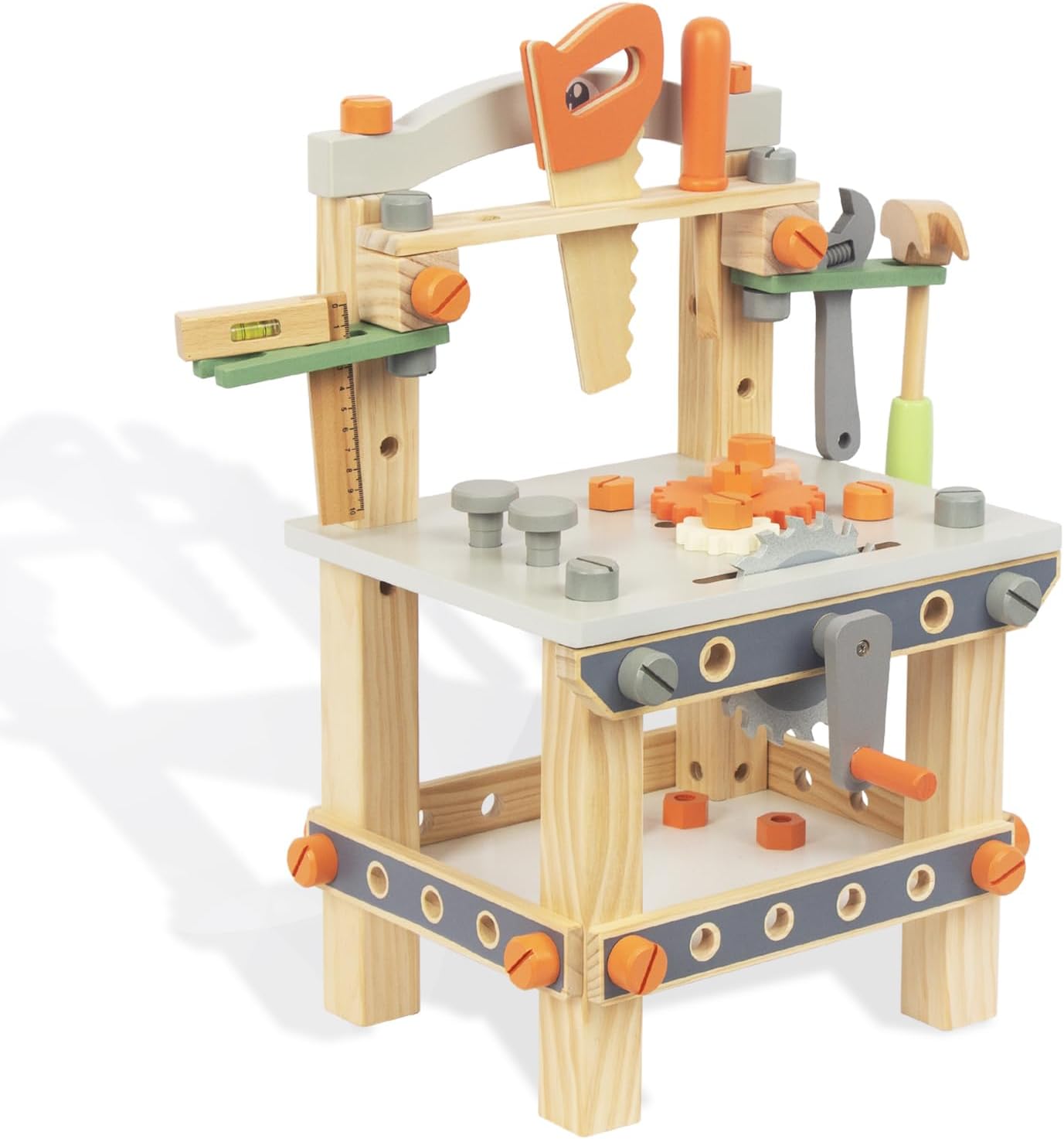 Wooden Tool Workbench for Kids,Pretend Play Tool Bench Workshop with Wrench, Screwdriver, Miter Saw and Hammer,Educational Gift for Age 3 and Up (Medium Bench)