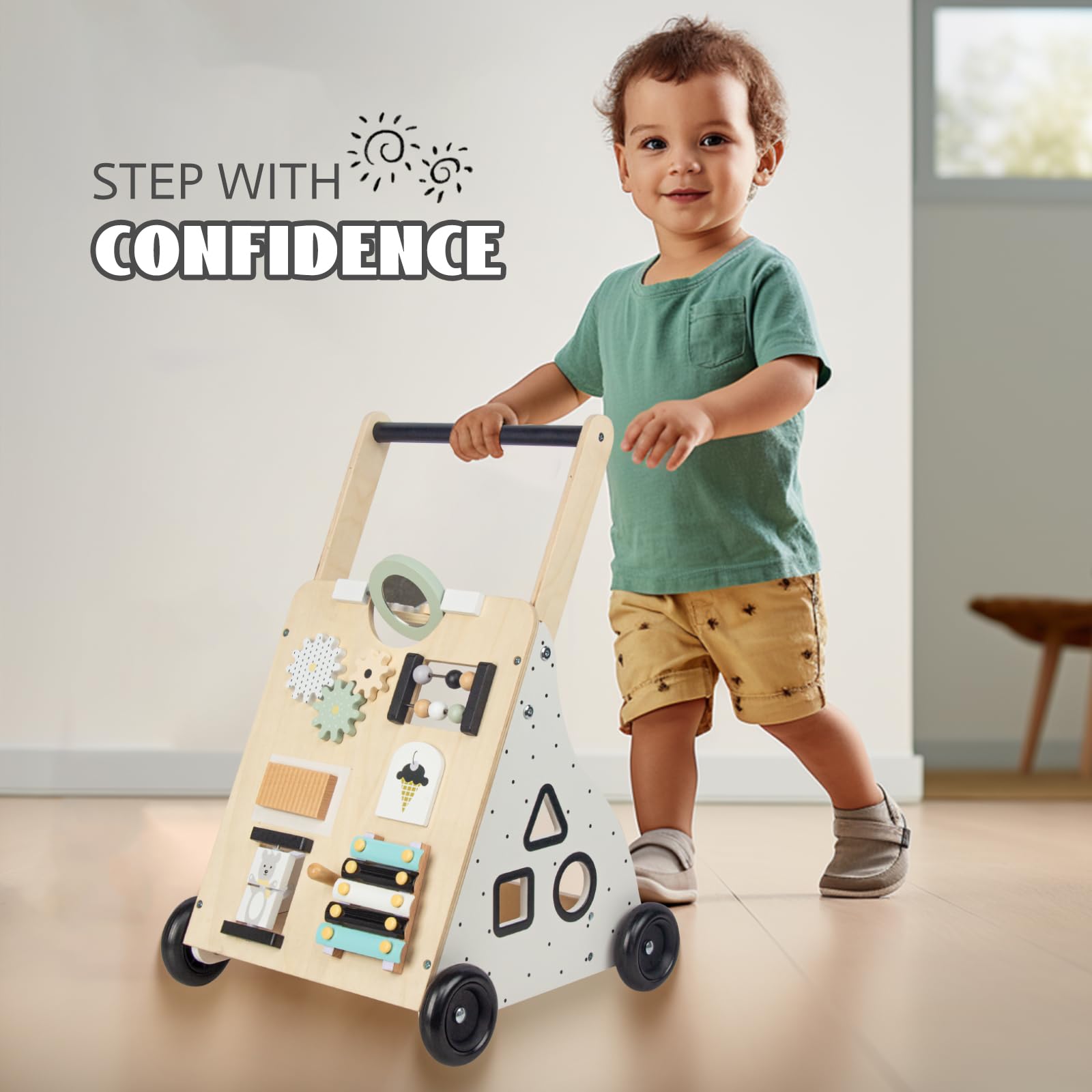 Wooden Baby Push Walker for 1 Year Old Up,9 in 1 Baby Learning Walking Toys with Shape Sorter, Christmas Birthday Gifts for 1 2 3 Year Old Boys Girls Toddlers