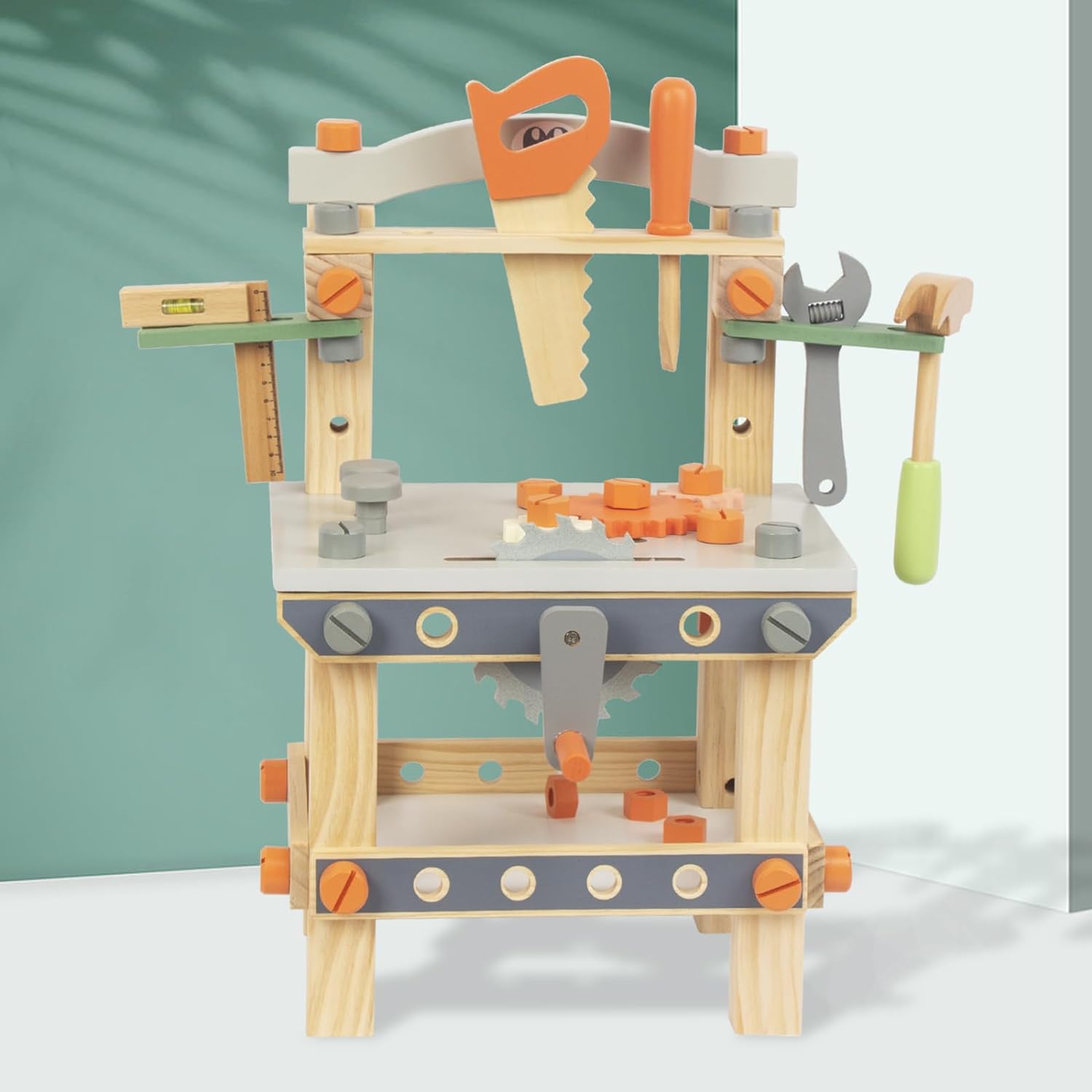 Wooden Tool Workbench for Kids,Pretend Play Tool Bench Workshop with Wrench, Screwdriver, Miter Saw and Hammer,Educational Gift for Age 3 and Up (Medium Bench)