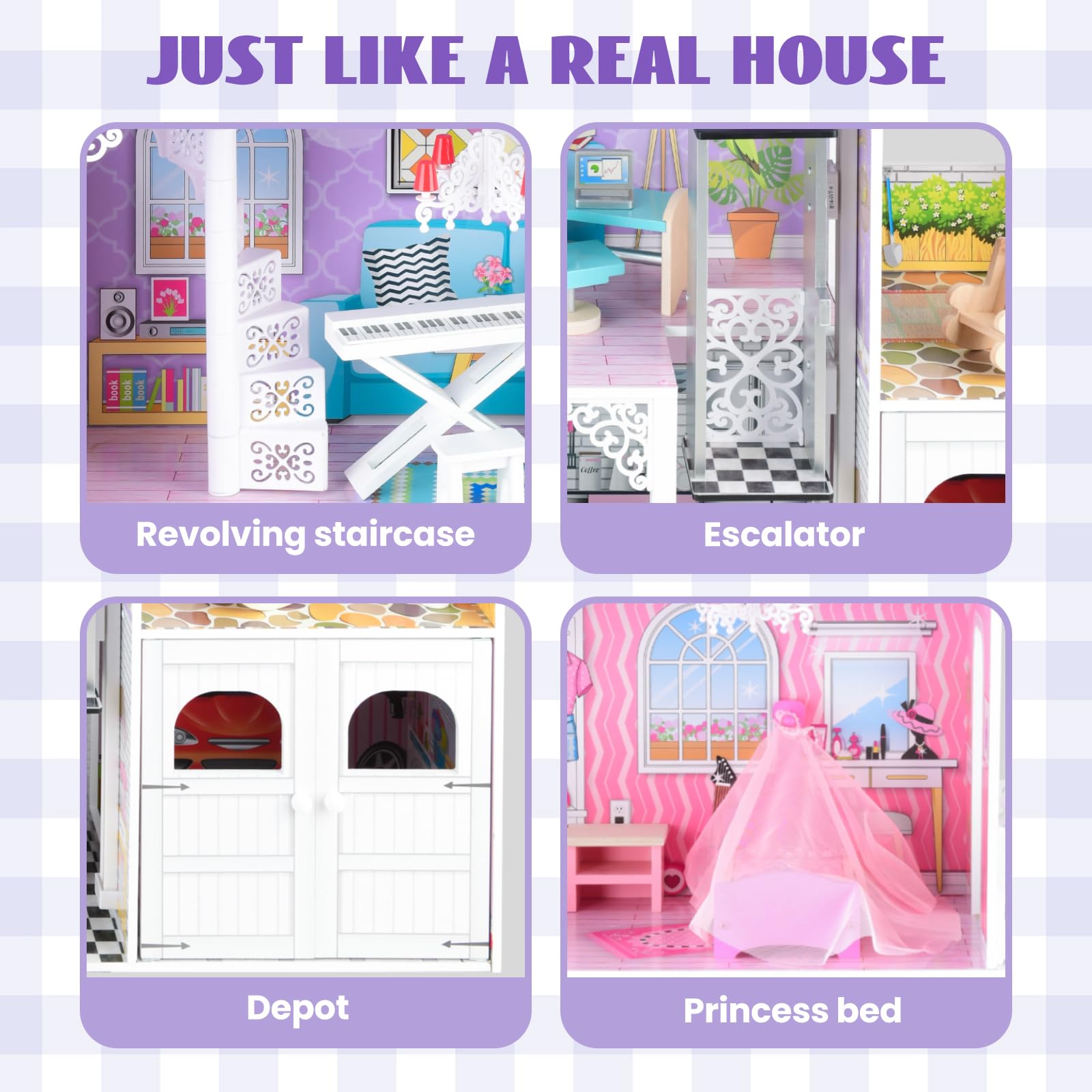 Wooden Dollhouse with Furniture for Kids Girls, Toys for 3 4 5 6 Years Old (Style 2)