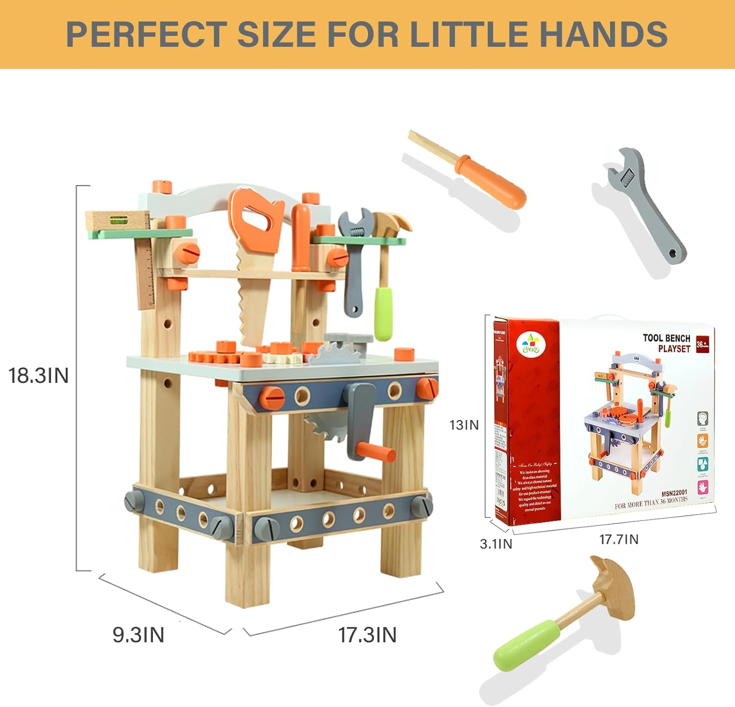 Wooden Tool Workbench for Kids,Pretend Play Tool Bench Workshop with Wrench, Screwdriver, Miter Saw and Hammer,Educational Gift for Age 3 and Up (Medium Bench)
