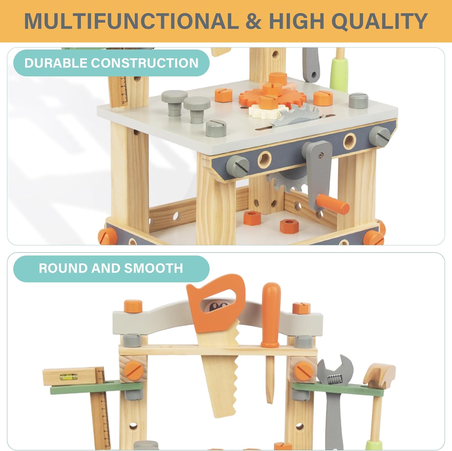 Wooden Tool Workbench for Kids,Pretend Play Tool Bench Workshop with Wrench, Screwdriver, Miter Saw and Hammer,Educational Gift for Age 3 and Up (Medium Bench)