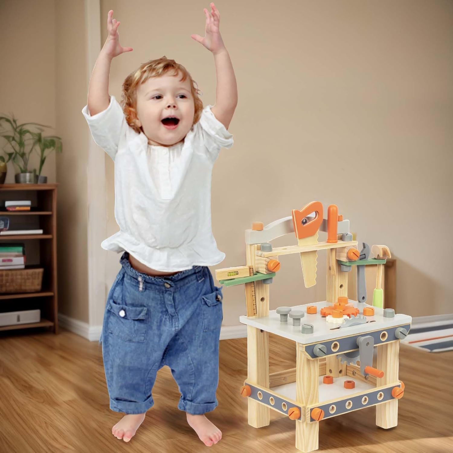Wooden Tool Workbench for Kids,Pretend Play Tool Bench Workshop with Wrench, Screwdriver, Miter Saw and Hammer,Educational Gift for Age 3 and Up (Medium Bench)