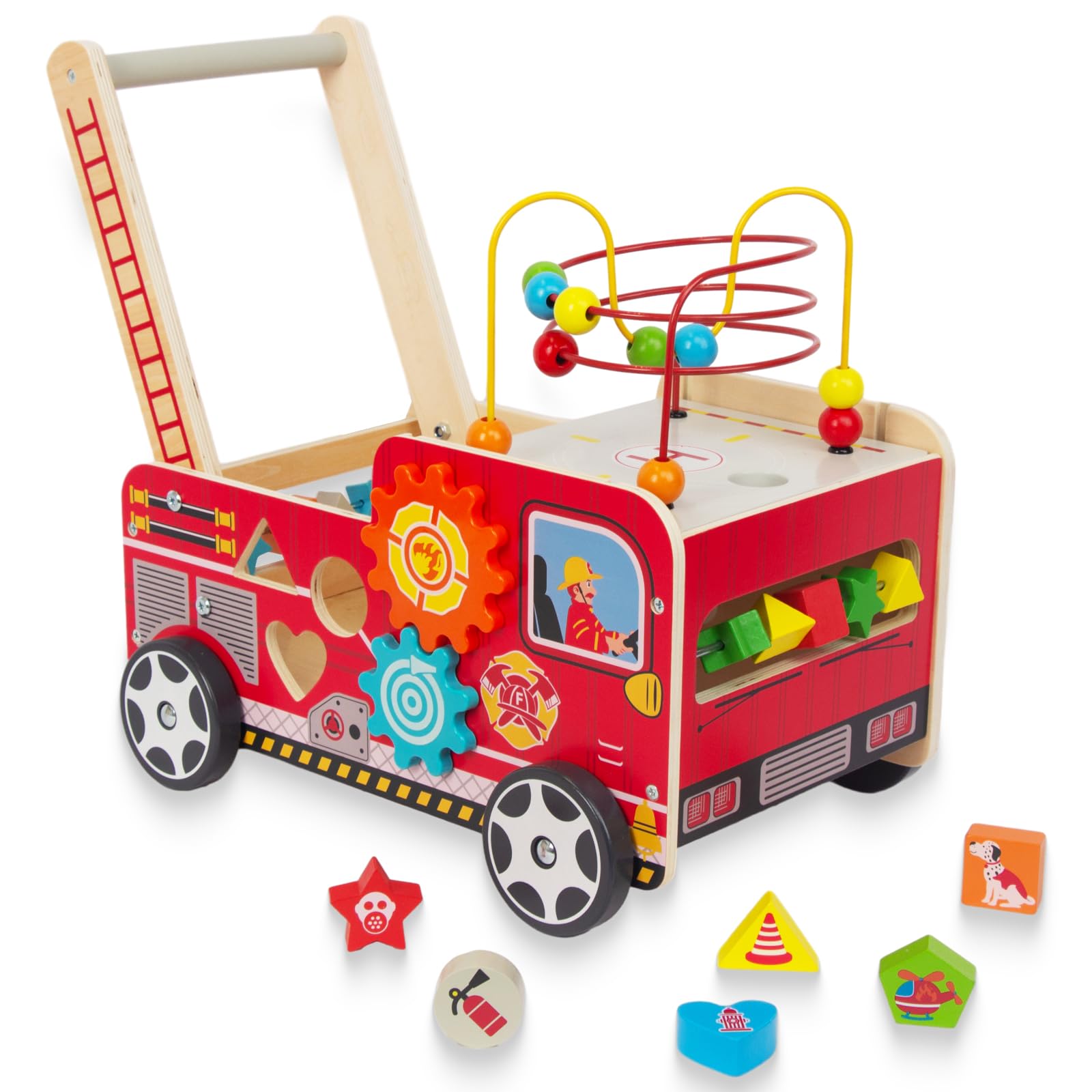 Wooden Baby Walker with Bead Maze for Year Old and up, Wooden Push Toy  for 12 Month, Wooden Cart with Blocks