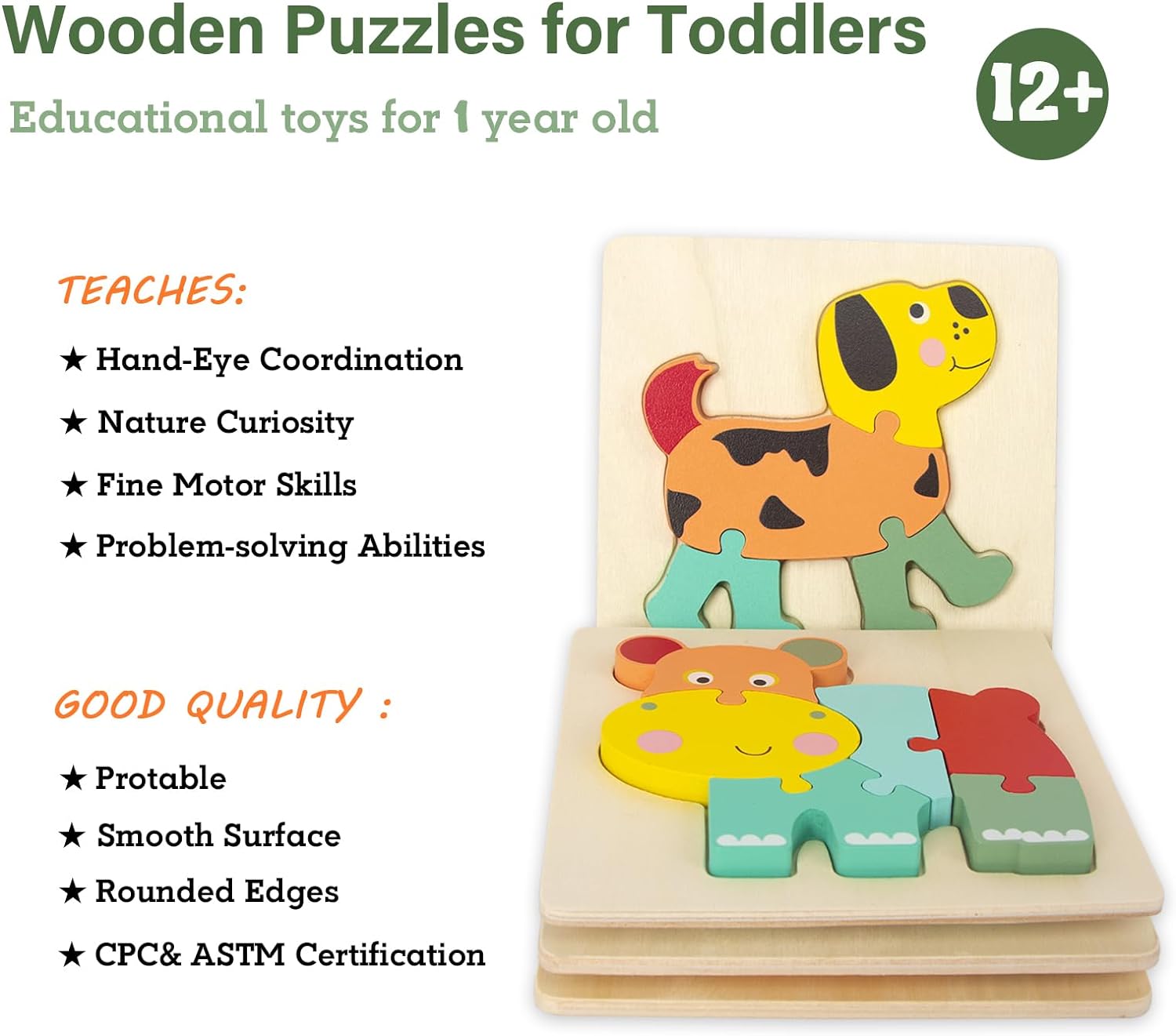 Wooden Puzzles for Toddlers 1-3,Montessori Toys Gift for 1 2 3 Year Old Boys Girls, 4 Pack Animal Toddler Learning Educational Preschool Toys (Toddler Puzzle)