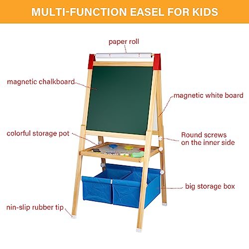 Easel for Kids with Drawing Paper Roll, Learning Toy for 3-8 Years Old Boy Girls, Wooden Chalkboard & Magnetic Whiteboard & Painting Paper Stand, Gift & Art Supplies for Toddler