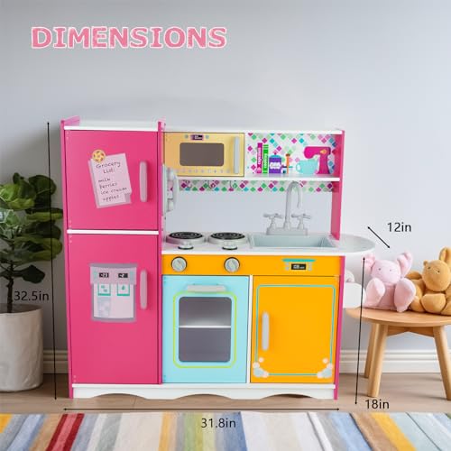 Kitchen Playset for Kids Ages 3-8, Wooden Pretend Play Kitchen with Cooking Accessories and Cutting Play Food, Including Oven, Stove, Faucet, and Sink, Dimensions: 38” H x 29” W x 12” D