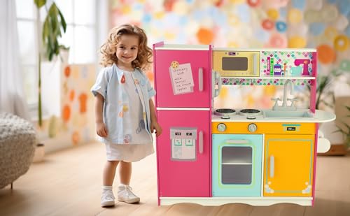 Kitchen Playset for Kids Ages 3-8, Wooden Pretend Play Kitchen with Cooking Accessories and Cutting Play Food, Including Oven, Stove, Faucet, and Sink, Dimensions: 38” H x 29” W x 12” D