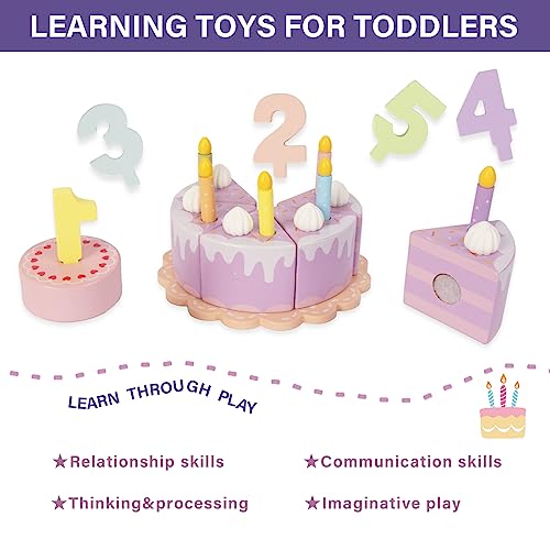 Pretend Play Food for Toddlers 1-3,Wooden Birthday Fake Cake with Candles and Numbers,Tea Party Learning Kitchen Gift Toys for Boys Girls (Rainbow Cake)