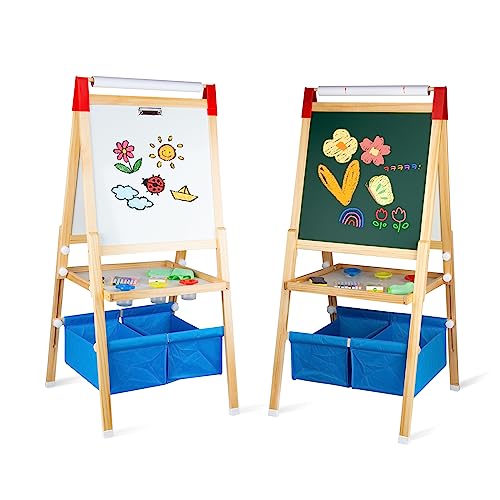 Easel for Kids with Drawing Paper Roll, Learning Toy for 3-8 Years Old Boy Girls, Wooden Chalkboard & Magnetic Whiteboard & Painting Paper Stand, Gift & Art Supplies for Toddler