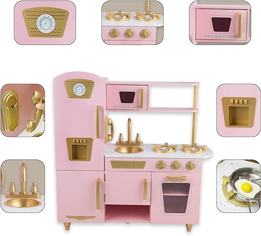 Kitchen Playset for Kids Ages 3-8, Wooden Pretend Play Kitchen, Incloud Telephone, Ice Maker, Refrigerator, Dimensions: 35” H x 31” W x 12” D (Multicolored)