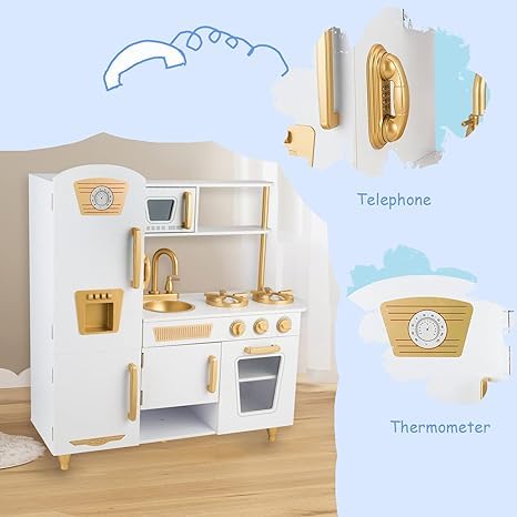 Kitchen Playset for Kids Ages 3-8, Wooden Pretend Play Kitchen, Incloud Telephone, Ice Maker, Refrigerator, Dimensions: 35” H x 31” W x 12” D (Multicolored)