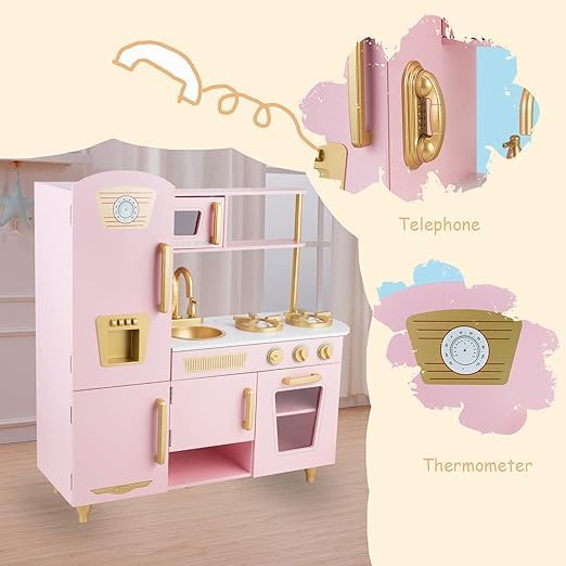 Kitchen Playset for Kids Ages 3-8, Wooden Pretend Play Kitchen, Incloud Telephone, Ice Maker, Refrigerator, Dimensions: 35” H x 31” W x 12” D (Multicolored)