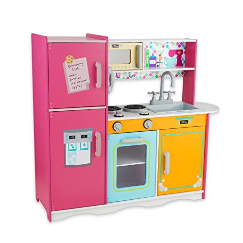 Kitchen Playset for Kids Ages 3-8, Wooden Pretend Play Kitchen with Cooking Accessories and Cutting Play Food, Including Oven, Stove, Faucet, and Sink, Dimensions: 38” H x 29” W x 12” D