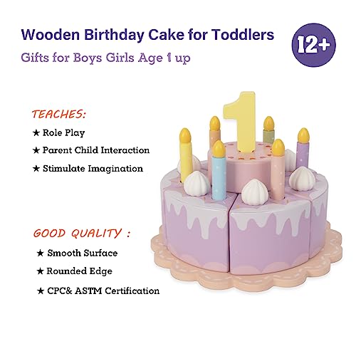 Pretend Play Food for Toddlers 1-3,Wooden Birthday Fake Cake with Candles and Numbers,Tea Party Learning Kitchen Gift Toys for Boys Girls (Rainbow Cake)