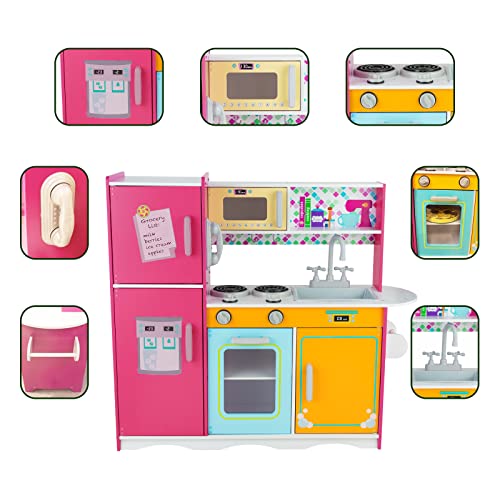 Kitchen Playset for Kids Ages 3-8, Wooden Pretend Play Kitchen with Cooking Accessories and Cutting Play Food, Including Oven, Stove, Faucet, and Sink, Dimensions: 38” H x 29” W x 12” D