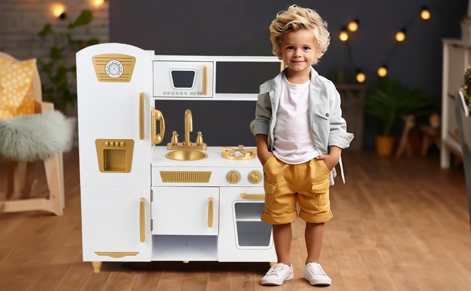 Kitchen Playset for Kids Ages 3-8, Wooden Pretend Play Kitchen, Incloud Telephone, Ice Maker, Refrigerator, Dimensions: 35” H x 31” W x 12” D (White)