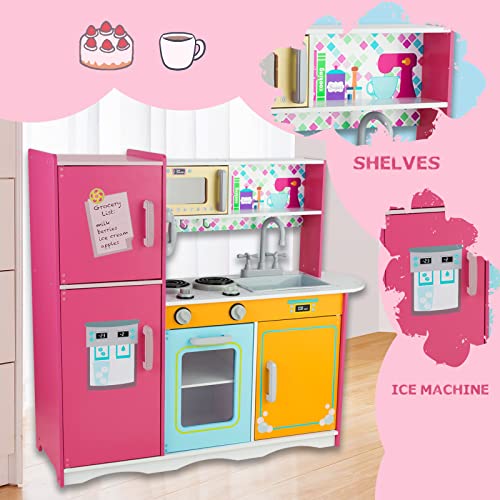 Kitchen Playset for Kids Ages 3-8, Wooden Pretend Play Kitchen with Cooking Accessories and Cutting Play Food, Including Oven, Stove, Faucet, and Sink, Dimensions: 38” H x 29” W x 12” D