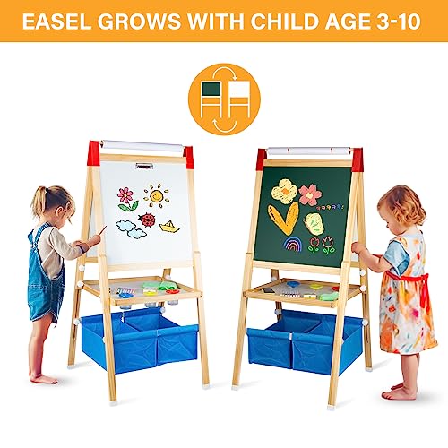 Easel for Kids with Drawing Paper Roll, Learning Toy for 3-8 Years Old Boy Girls, Wooden Chalkboard & Magnetic Whiteboard & Painting Paper Stand, Gift & Art Supplies for Toddler