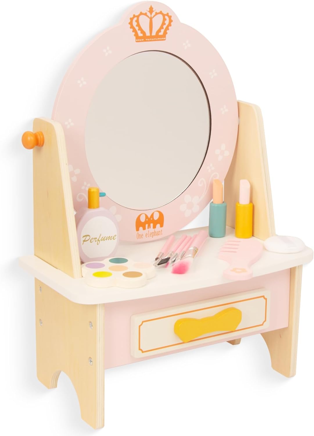 Wooden Vanity Set for Kids, Pretend Play Toddler Makeup Vanity Table Toys with 360° Rotatable Mirror, Beauty Salon Set Includes Makeup Accessories, Little Girls Gift Age 3+