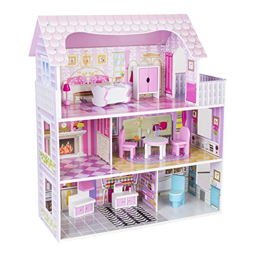 Wooden Dollhouse with Furniture for Kids Girls, Toys for 3 4 5 6 Years Old (Style 2)