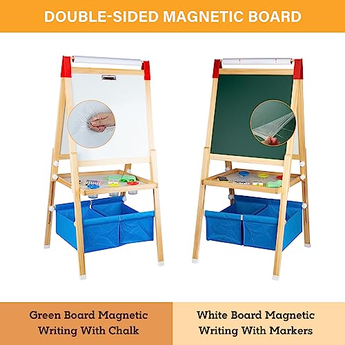Easel for Kids with Drawing Paper Roll, Learning Toy for 3-8 Years Old Boy Girls, Wooden Chalkboard & Magnetic Whiteboard & Painting Paper Stand, Gift & Art Supplies for Toddler