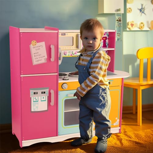 Kitchen Playset for Kids Ages 3-8, Wooden Pretend Play Kitchen with Cooking Accessories and Cutting Play Food, Including Oven, Stove, Faucet, and Sink, Dimensions: 38” H x 29” W x 12” D