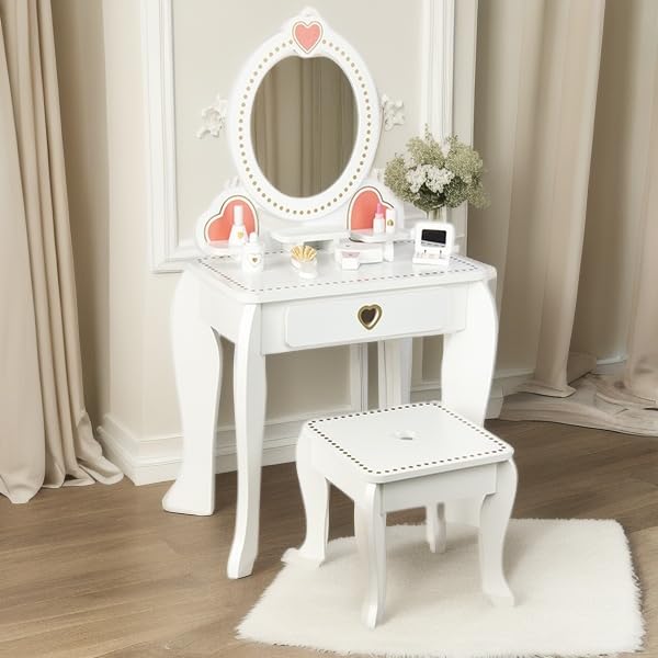 Kids Vanity Set with Mirror and Stool, Beauty Makeup Vanity Table and Chair Set for Toddlers and Kids, White