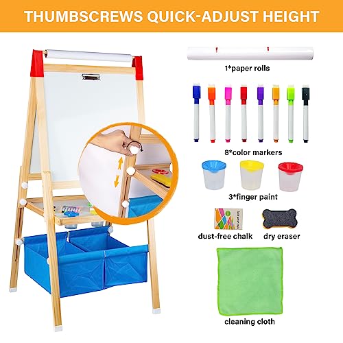 Easel for Kids with Drawing Paper Roll, Learning Toy for 3-8 Years Old Boy Girls, Wooden Chalkboard & Magnetic Whiteboard & Painting Paper Stand, Gift & Art Supplies for Toddler