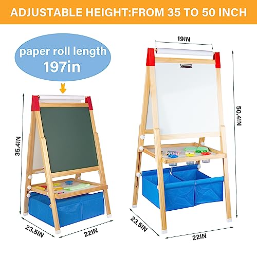 Easel for Kids with Drawing Paper Roll, Learning Toy for 3-8 Years Old Boy Girls, Wooden Chalkboard & Magnetic Whiteboard & Painting Paper Stand, Gift & Art Supplies for Toddler