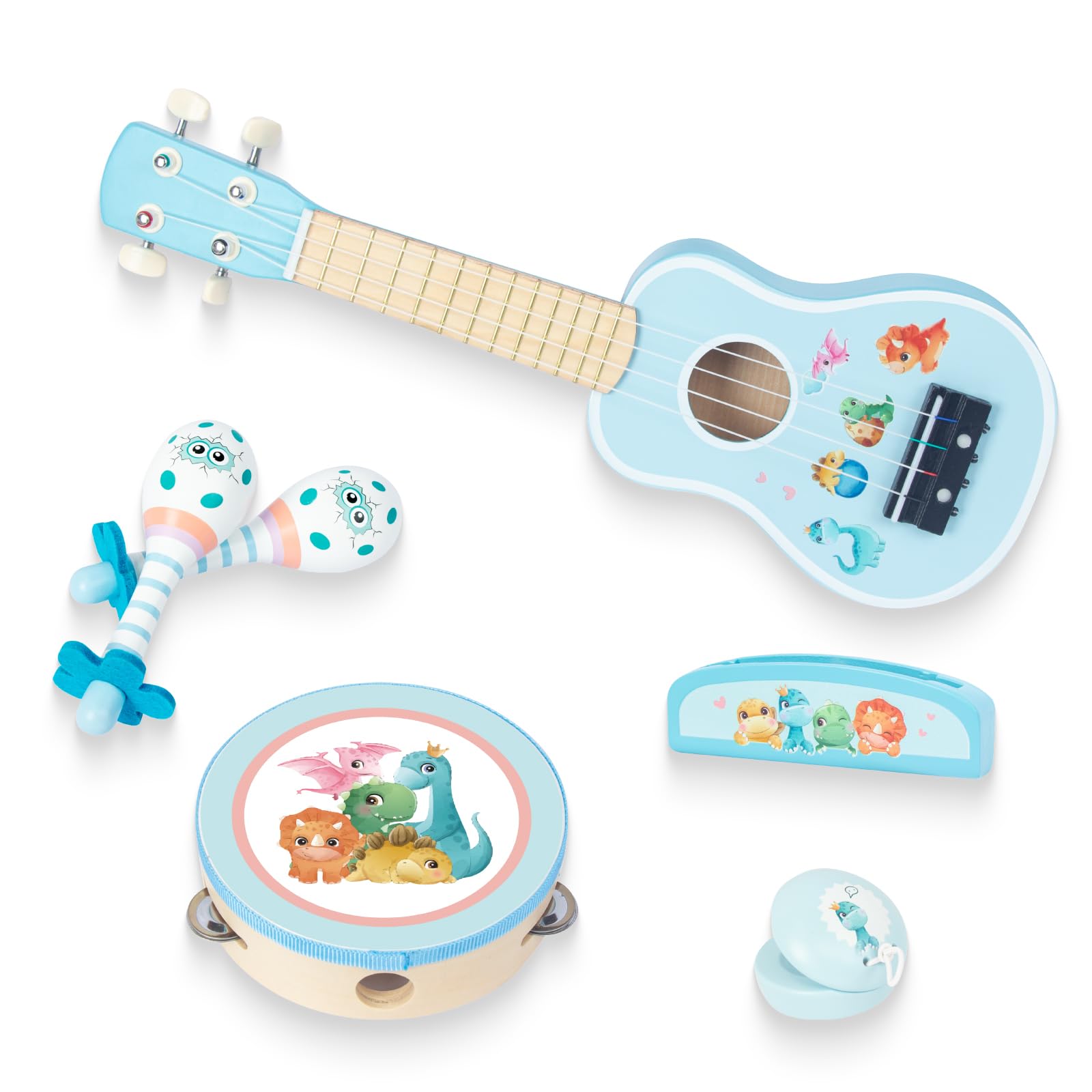 WoodenEdu Pink Guitar, Wooden Musical Instruments Toys with Ukulele, Tambourine, Maracas, Harmonica