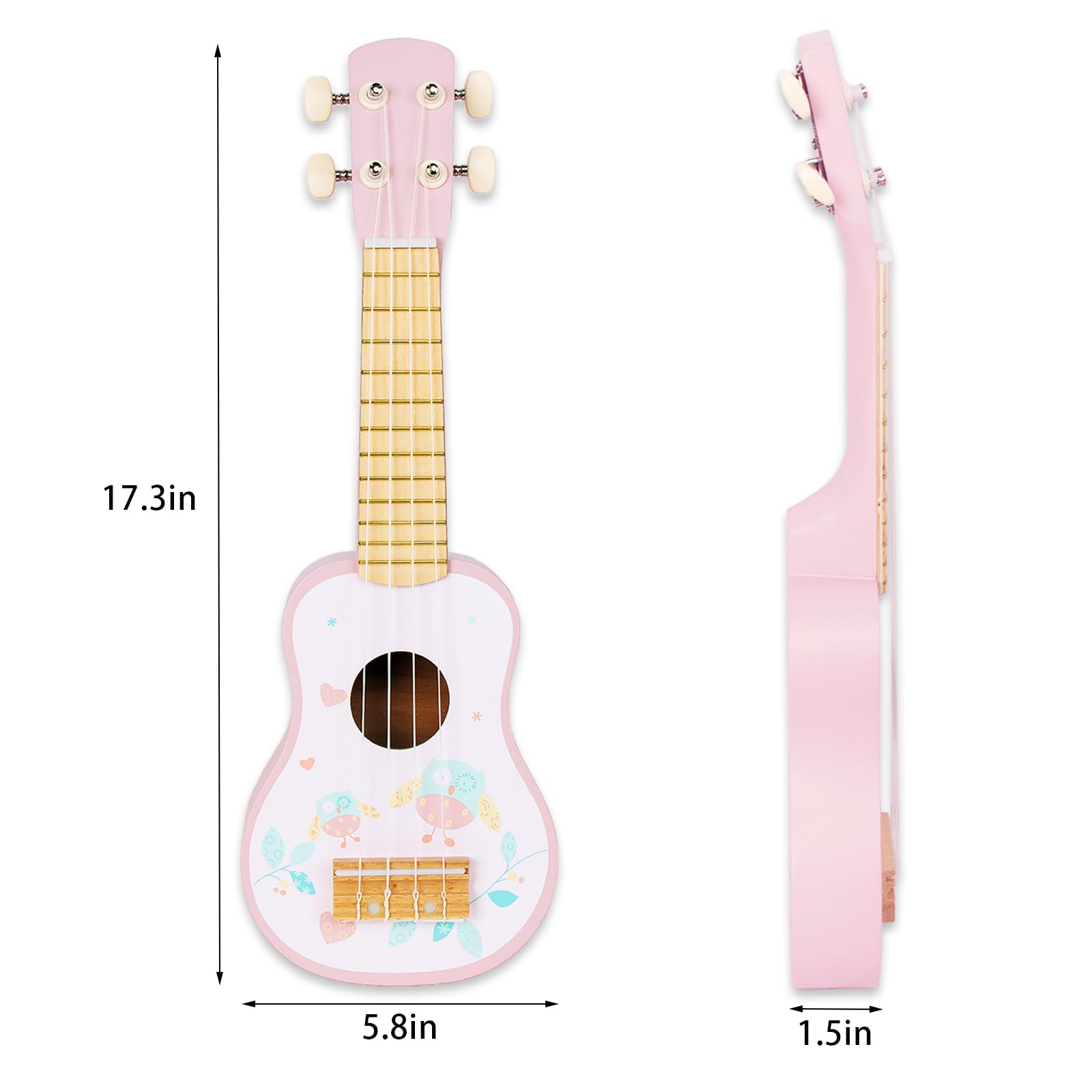 WoodenEdu Pink Guitar, Wooden Musical Instruments Toys with Ukulele, Tambourine, Maracas, Harmonica