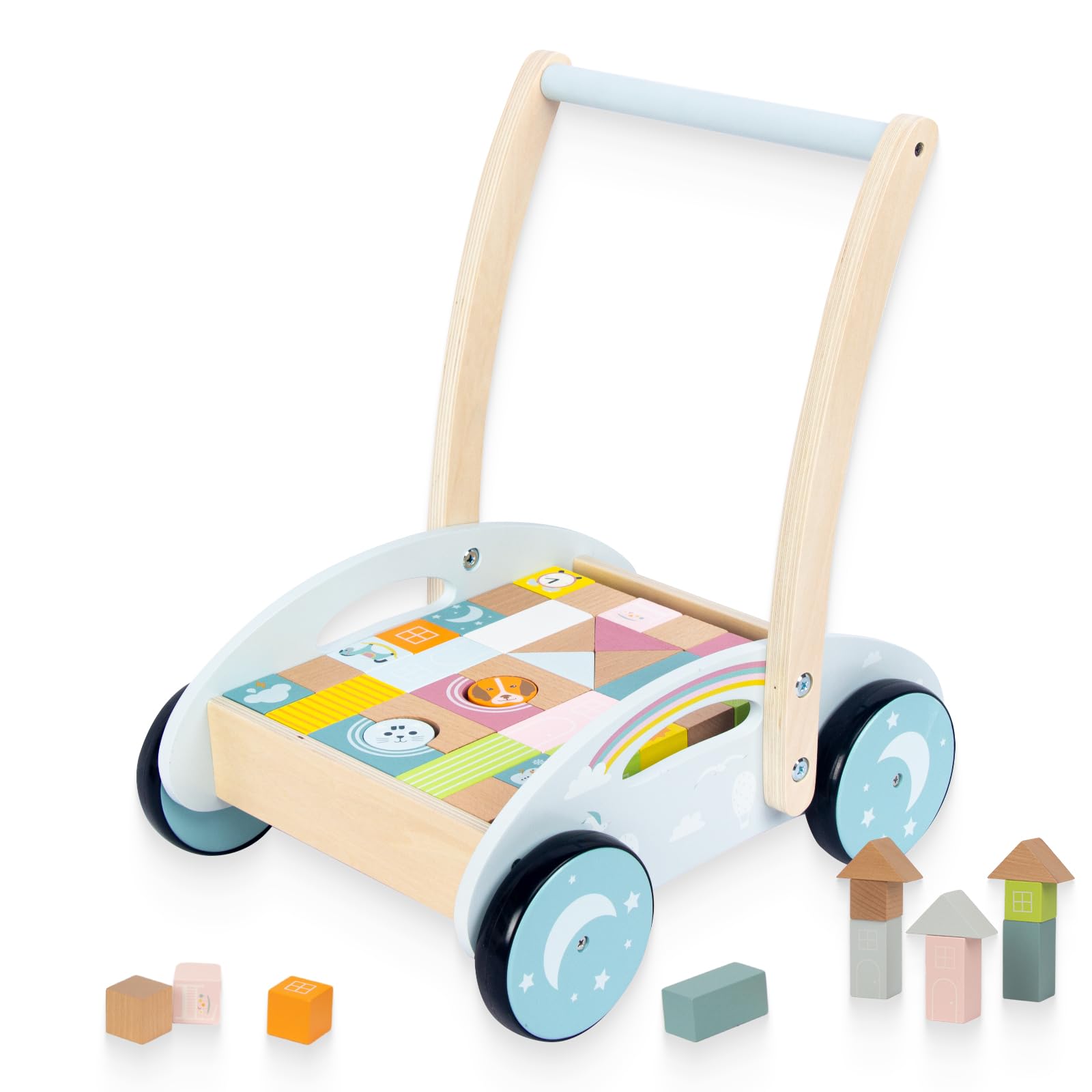 Wooden Baby Push Walker for 1 Year Old Up, Baby Learning Walking Toys with 34 Pcs Building Blocks, Christmas Birthday Gifts for 1 2 3 Year Old Boys Girls Toddlers