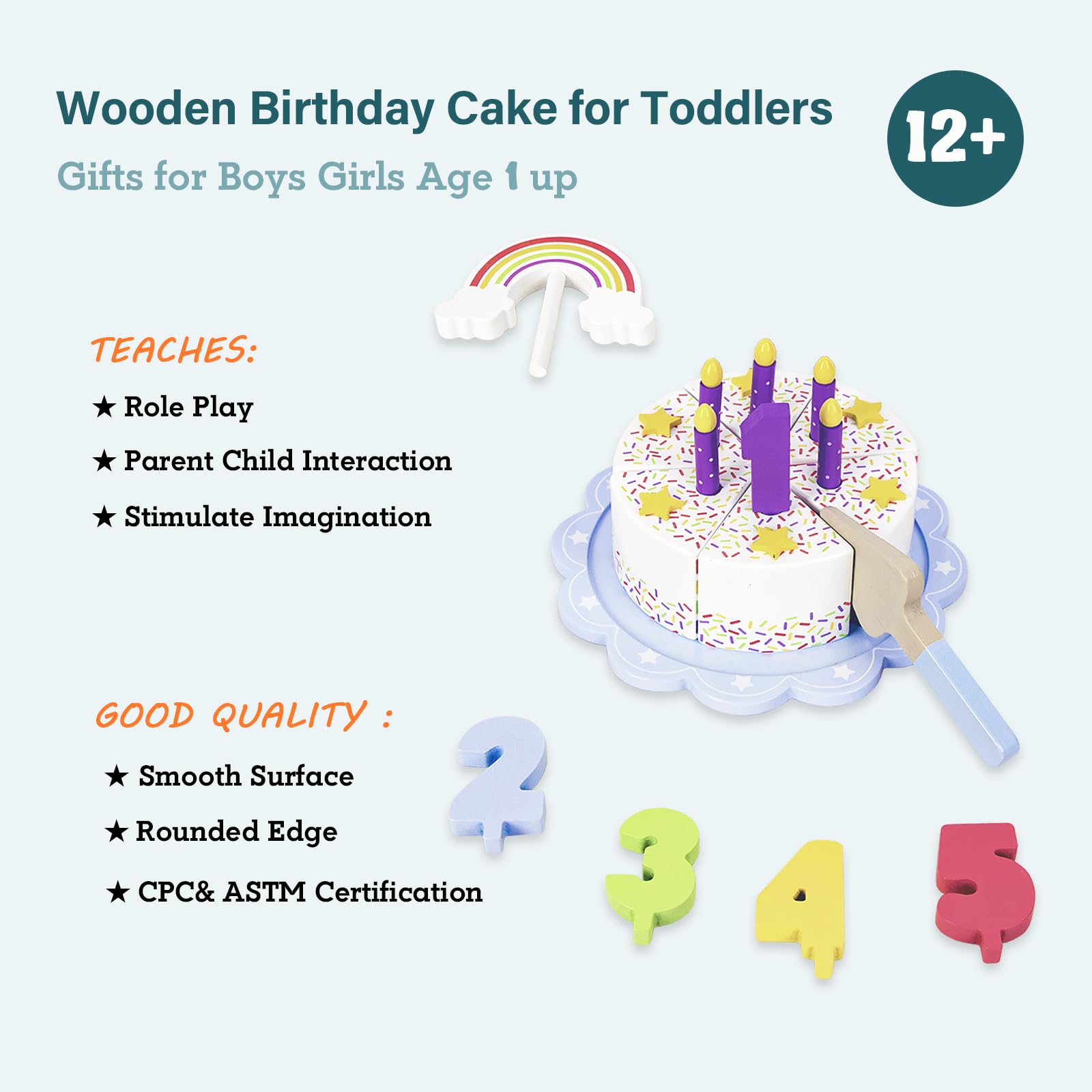 Pretend Play Food for Toddlers 1-3,Wooden Birthday Fake Cake with Candles and Numbers,Tea Party Learning Kitchen Gift Toys for Boys Girls (Rainbow Cake)