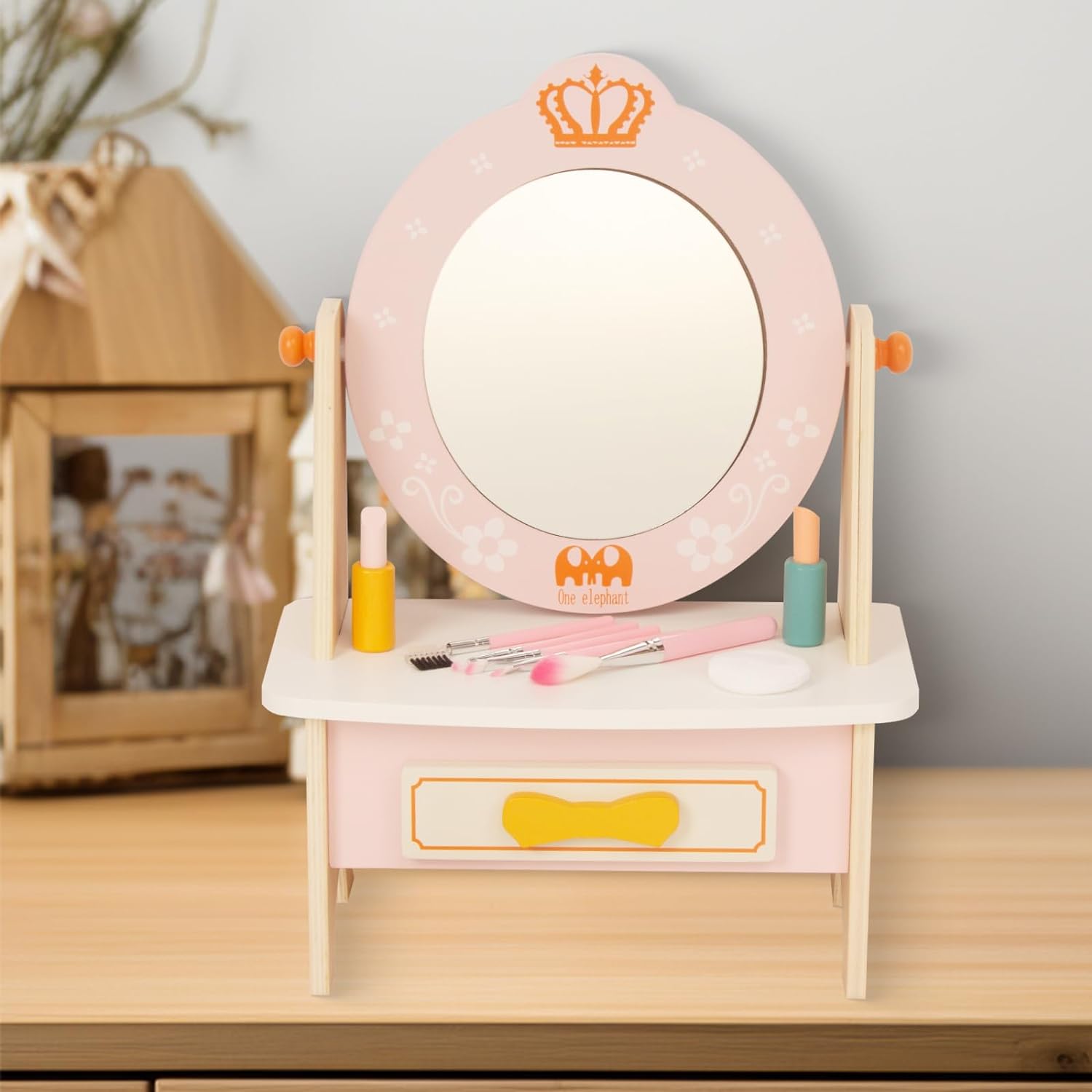 Wooden Vanity Set for Kids, Pretend Play Toddler Makeup Vanity Table Toys with 360° Rotatable Mirror, Beauty Salon Set Includes Makeup Accessories, Little Girls Gift Age 3+