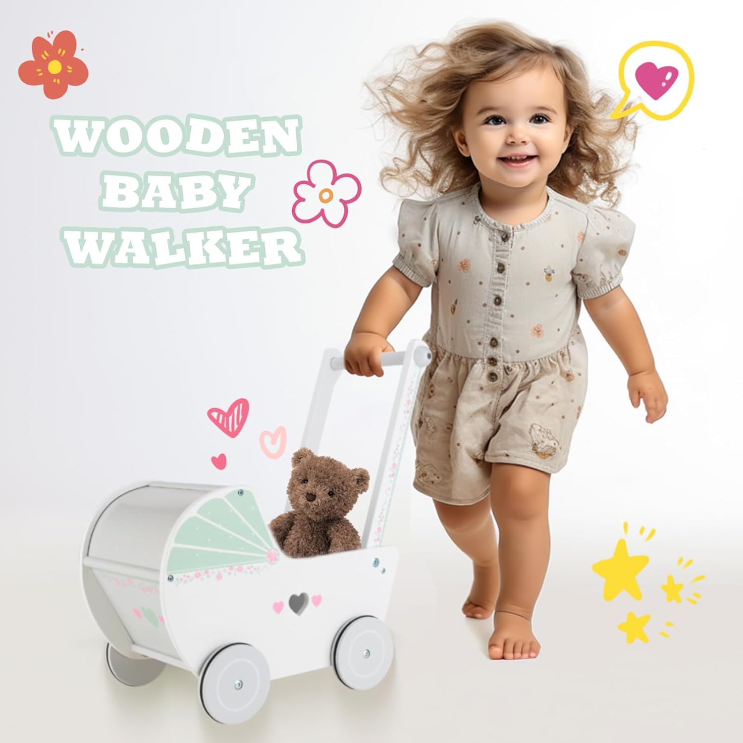 Wooden Baby Push Walker for 1 Year Old and up, Toddler Shopping Cart Push Toys for Boys Girls