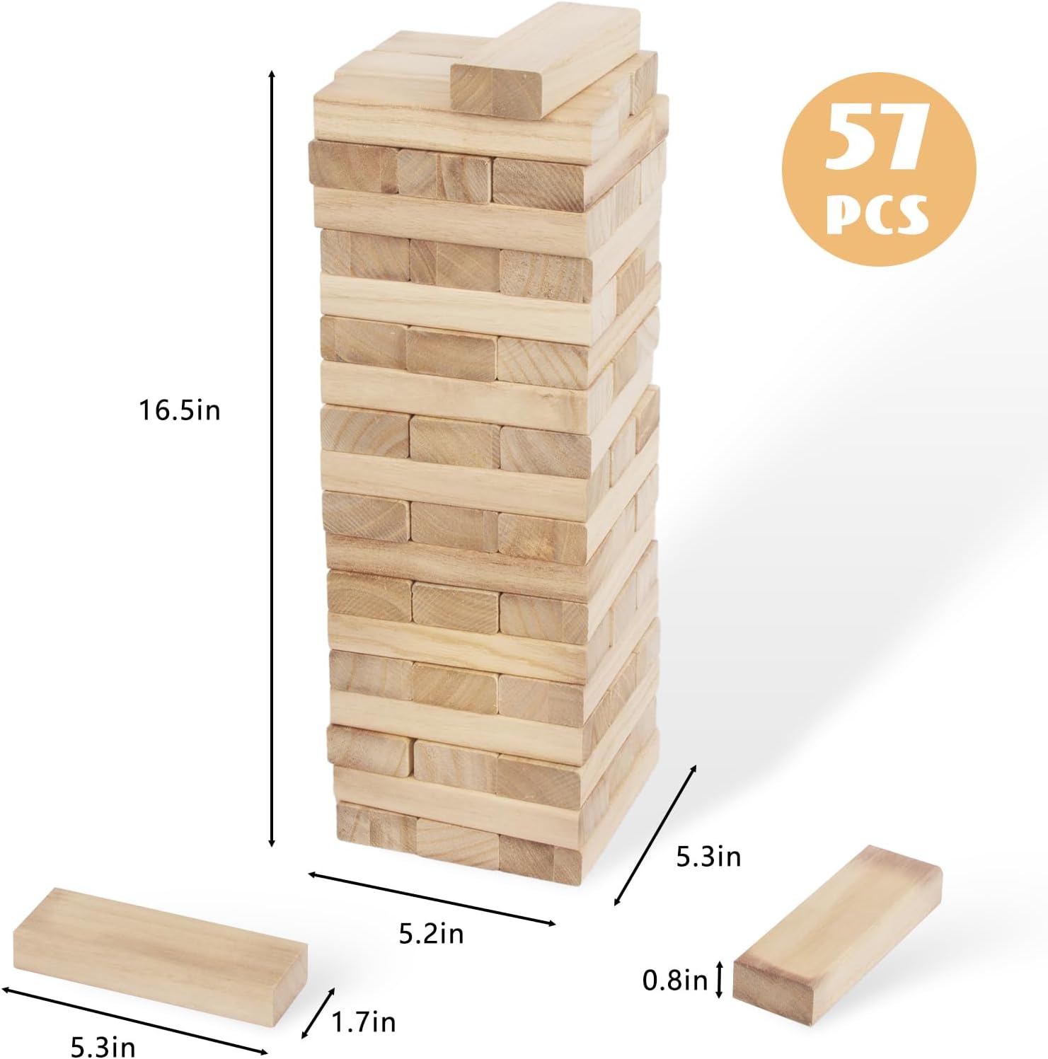 Large Wooden Tumbling Tower Game, Stack to Over 18 in 57pcs Jumbo Yard Games Outdoor Timber Stacking Game Night Toy Gift for Kids Adults Family