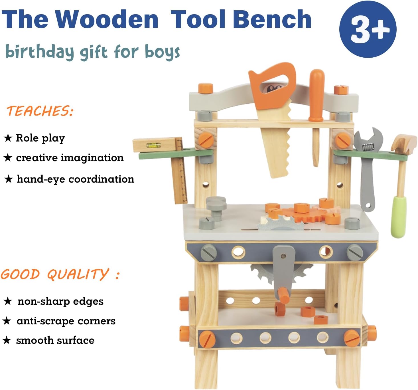 Wooden Tool Workbench for Kids,Pretend Play Tool Bench Workshop with Wrench, Screwdriver, Miter Saw and Hammer,Educational Gift for Age 3 and Up (Medium Bench)