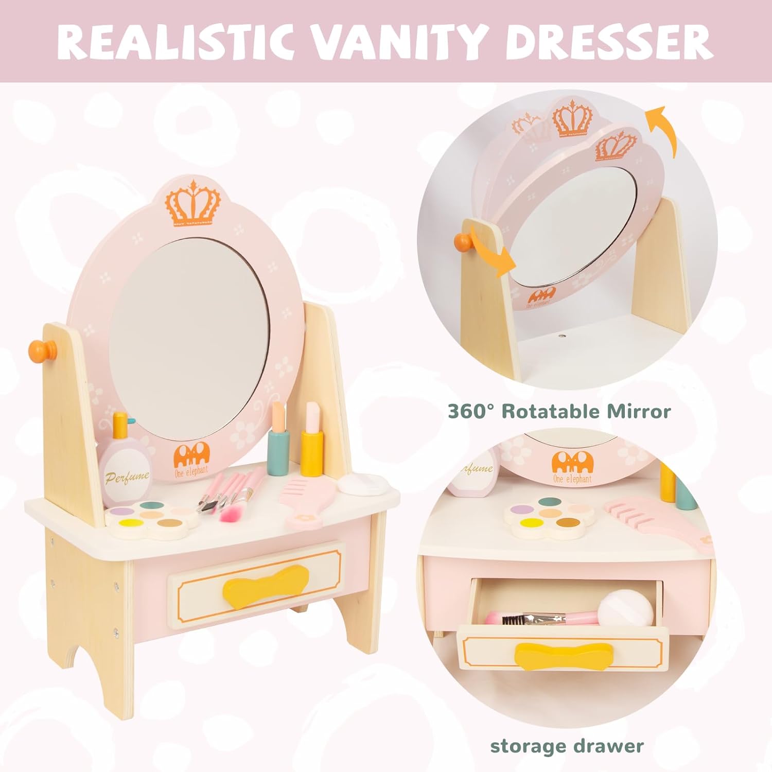 Wooden Vanity Set for Kids, Pretend Play Toddler Makeup Vanity Table Toys with 360° Rotatable Mirror, Beauty Salon Set Includes Makeup Accessories, Little Girls Gift Age 3+