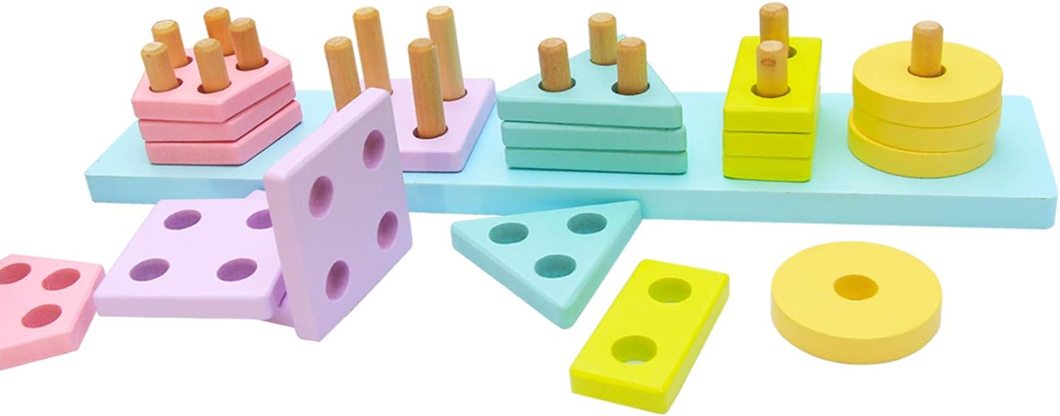 Wooden Toys for Toddlers 1-3, Shape Sorter Montessori Stacking Toys Educational Recognition Puzzle Stacker, Early Preschool Learning Gifts for 1 Year Old Girls Boys