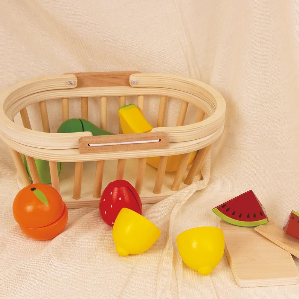 Wooden Play Food for Kids Kitchen, 38PCS Cutting Fruits Toys for Toddlers Pretend Vegetables Gift for Boys Girls Educational Toys (Fruit Bucket)