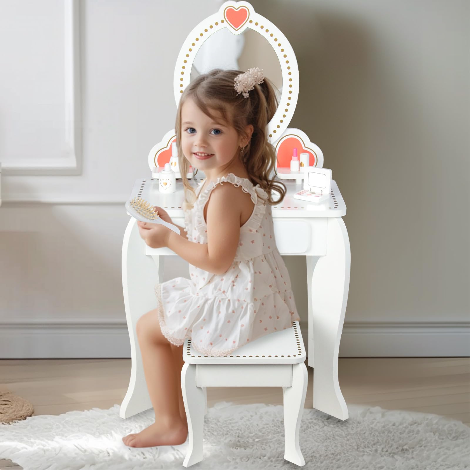 Kids Vanity Set with Mirror and Stool, Beauty Makeup Vanity Table and Chair Set for Toddlers and Kids, White