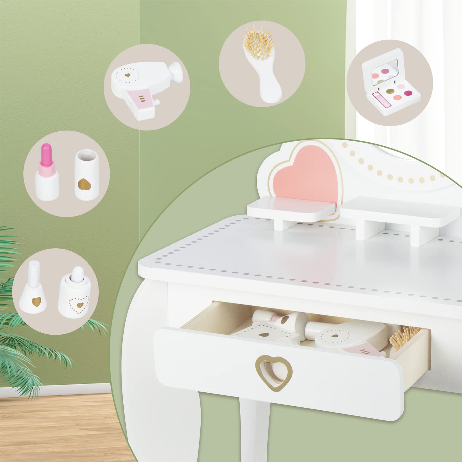 Kids Vanity Set with Mirror and Stool, Beauty Makeup Vanity Table and Chair Set for Toddlers and Kids, White