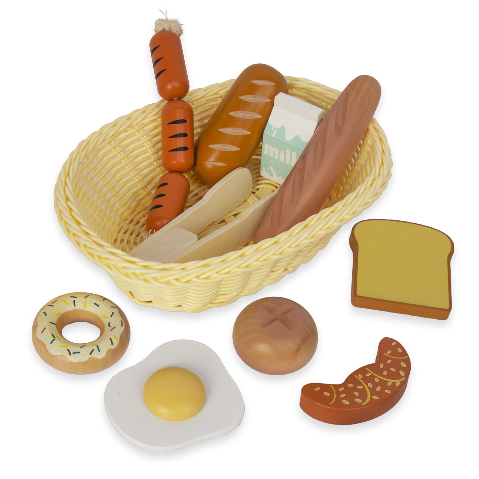 Wooden Breakfast Toy Food Playset,Kids Pretend Play Food Kitchen Accessories with Storage Basket,Toddlers Fake Food Gift for Boys and Girls 2 Years Old Up