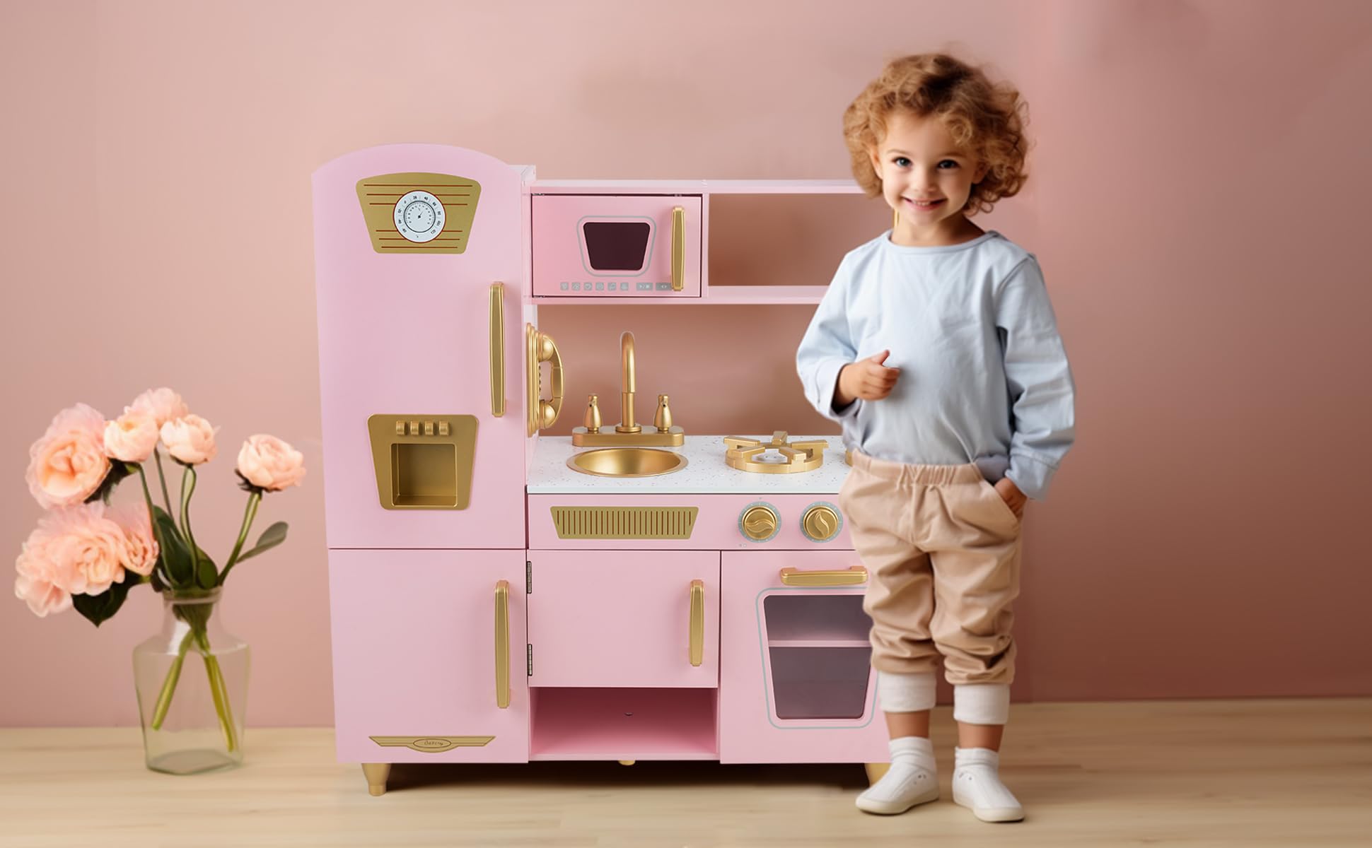 Kitchen Playset for Kids Ages 3-8, Wooden Pretend Play Kitchen with Cooking Accessories and Cutting Play Food, Including Oven, Stove, Faucet, and Sink, Dimensions: 38” H x 29” W x 12” D