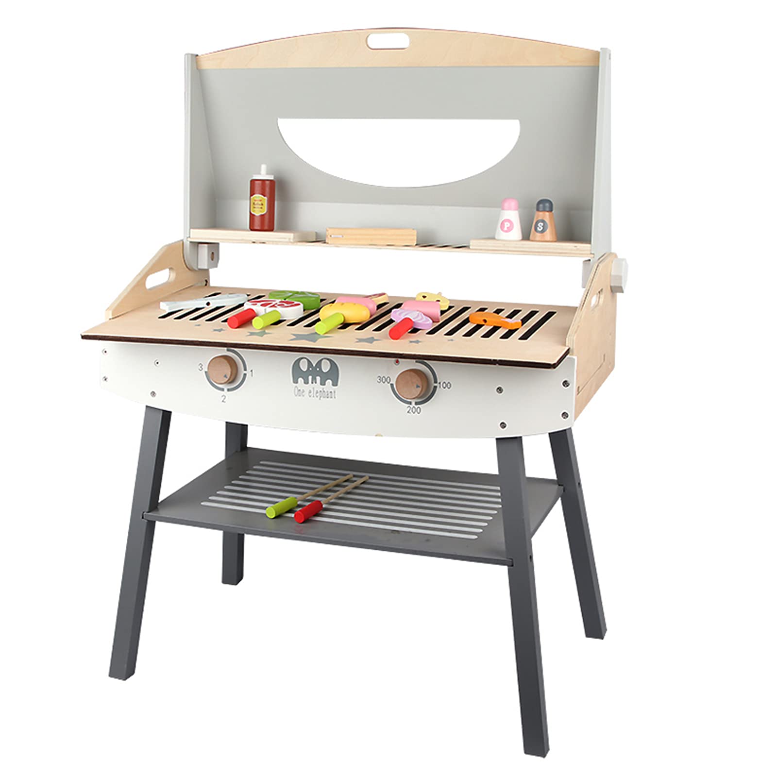 Wooden Pretend Barbecue Grill Play Set, Play Kitchen Set Cooking Gift for Girls and Boys - Best for 3 4 5 Year Old Kids