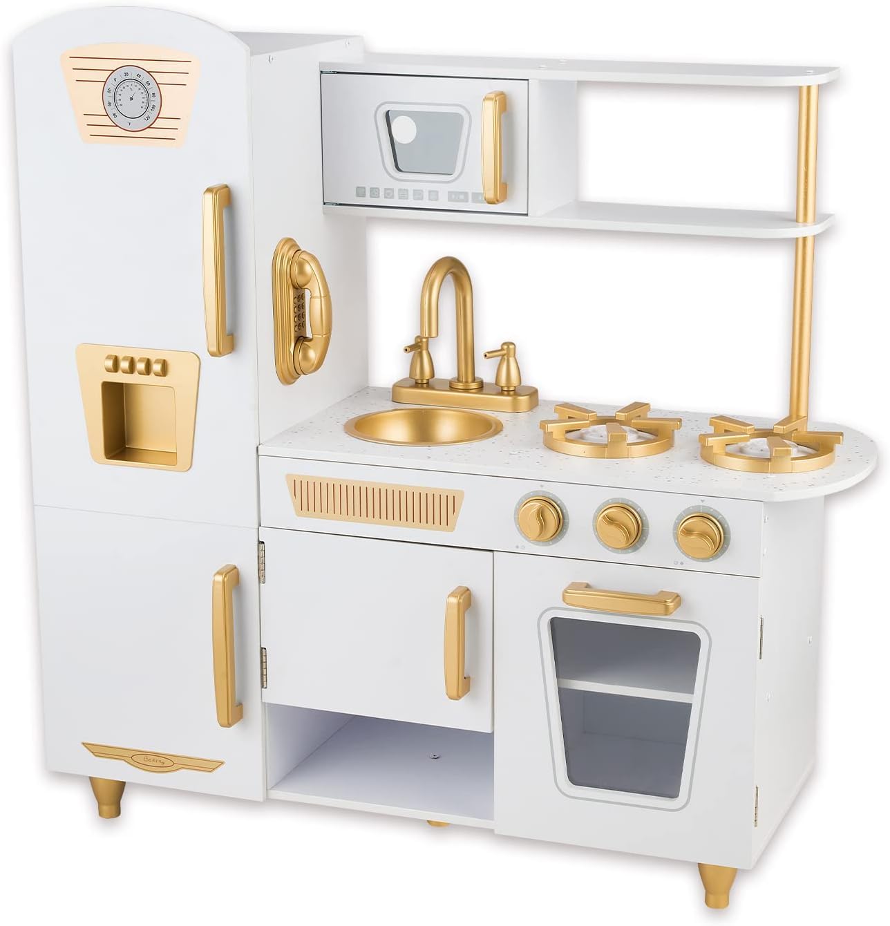 Kitchen Playset for Kids Ages 3-8, Wooden Pretend Play Kitchen, Incloud Telephone, Ice Maker, Refrigerator, Dimensions: 35” H x 31” W x 12” D (Multicolored)