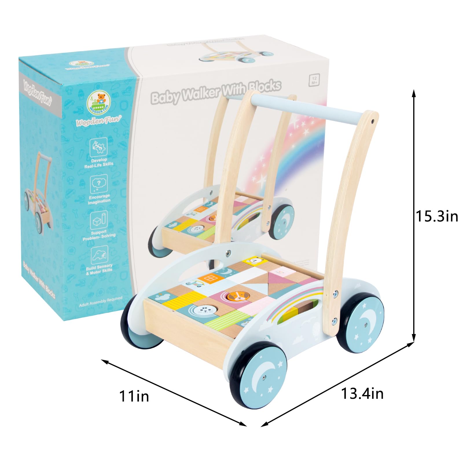 Wooden Baby Push Walker for 1 Year Old Up, Baby Learning Walking Toys with 34 Pcs Building Blocks, Christmas Birthday Gifts for 1 2 3 Year Old Boys Girls Toddlers