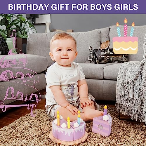 Pretend Play Food for Toddlers 1-3,Wooden Birthday Fake Cake with Candles and Numbers,Tea Party Learning Kitchen Gift Toys for Boys Girls (Rainbow Cake)
